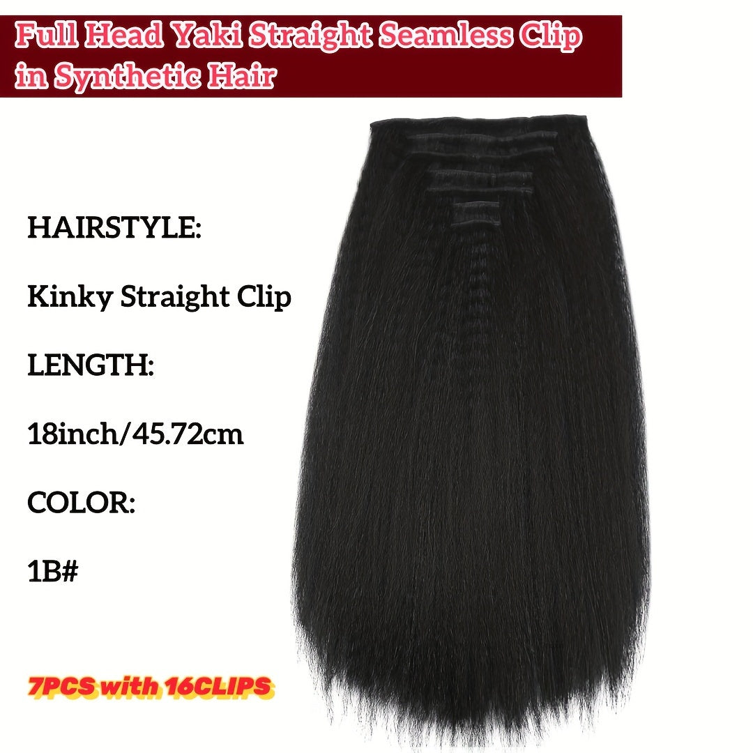 Kinky Straight Clip In Wig Extensions Full Head Yaki Straight Clips In For Women Synthetic Wig 7Pcs Wig Accessories